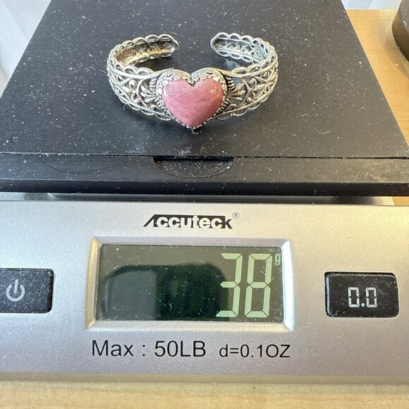 Carolyn Pollack Bracelet Pink Heart Rhodonite Cuff Sterling Silver Hinged 38g - Picture 12 of 15